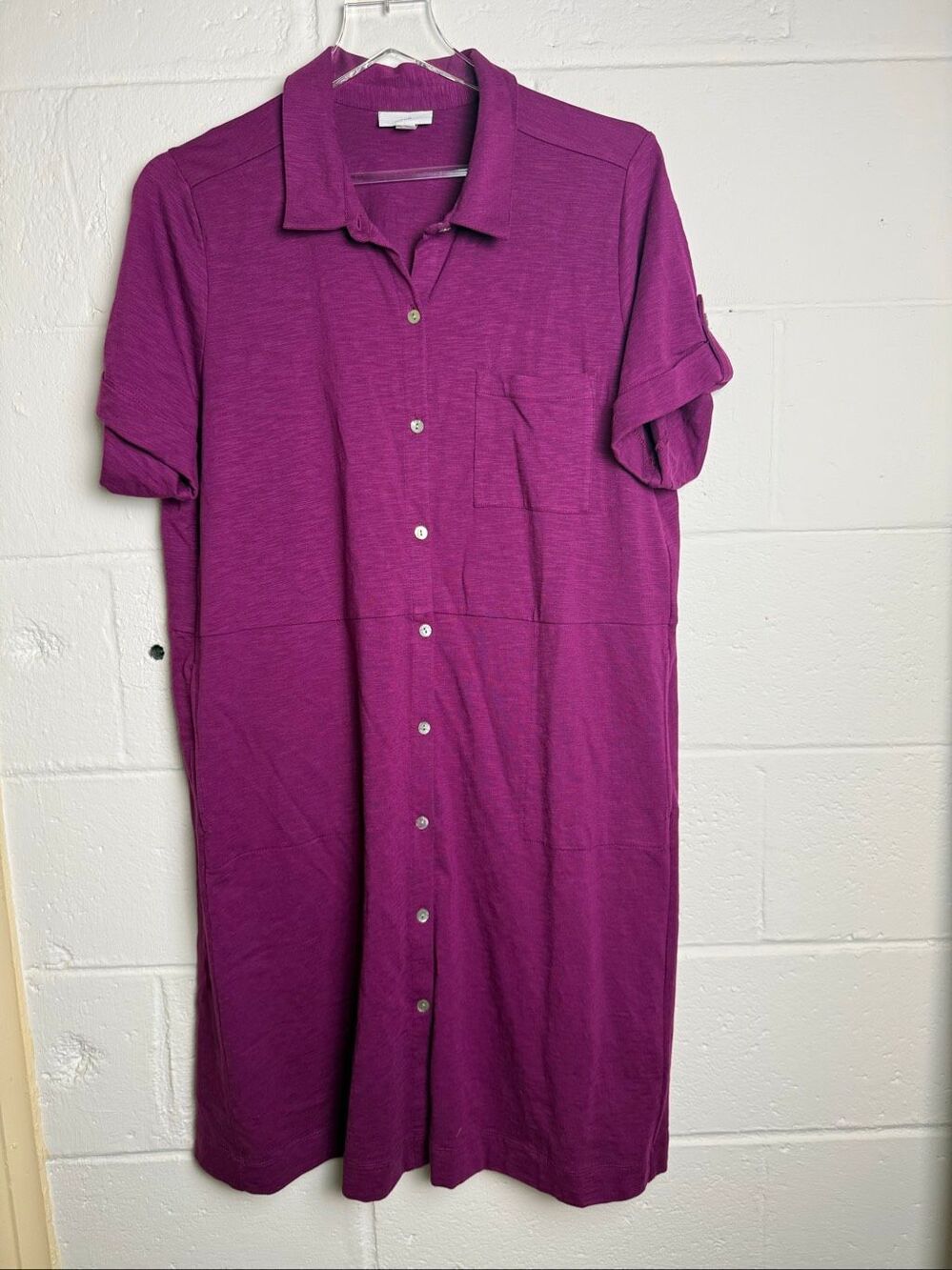 J.Jill Purple Button Front Shirt Dress Women’s Large Roll Tab Sleeve Midi Knit P